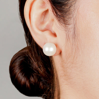 White Stud Round Fresh Water Pearl Earrings 13-14mm - TESOROS