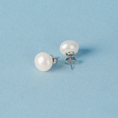 White Stud Round Fresh Water Pearl Earrings 13-14mm - TESOROS